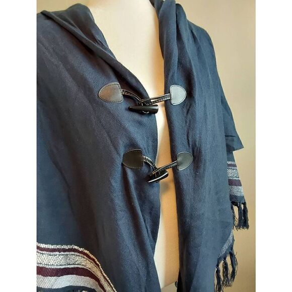 Poncho Wrap Hooded Navy One Size Fringe - Picture 2 of 7